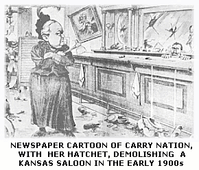 ilustración de un periodico americano representando Carry Natio con su hacha demoliendo un saloon en Kansas al principio de los años 1900